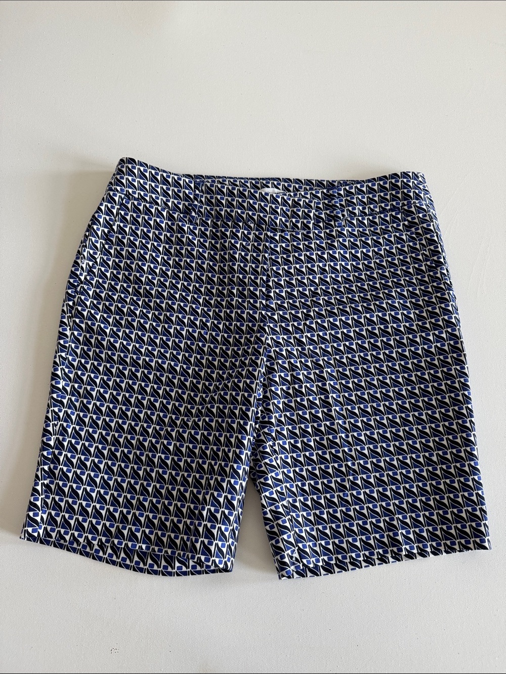 Dalia Navy and White Geo Print Flat-Front Shorts